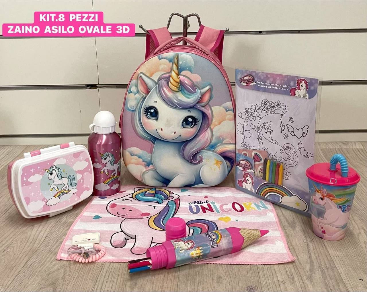 Set Scuola da 8 Pezzi per Bambini - Zaino Asilo Borraccia Porta Pranzo Colori Gioco Educativo Idea Regalo Bambini Back to School